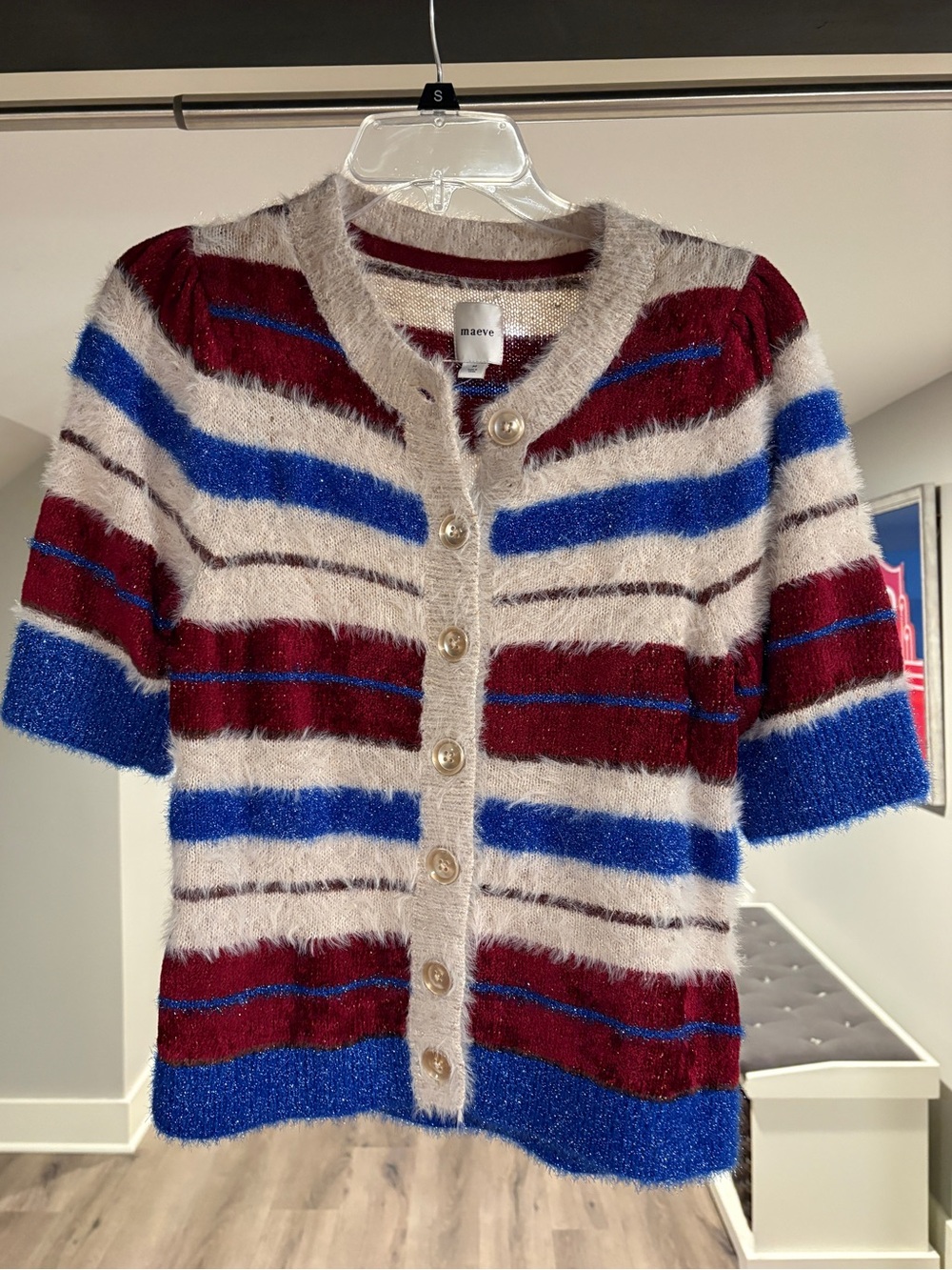 Maeve Short-Sleeve Fuzzy Striped Cardigan - Cream, Blue, Red